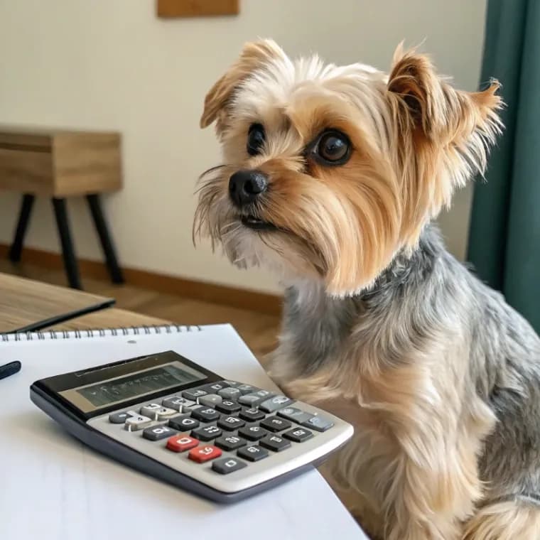 A yorkshire Terrier inside sitting with a calculator
