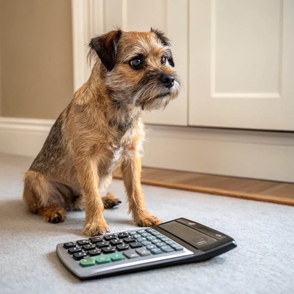 A Border Terrier sitting inside on a grey carpet next to a calculator