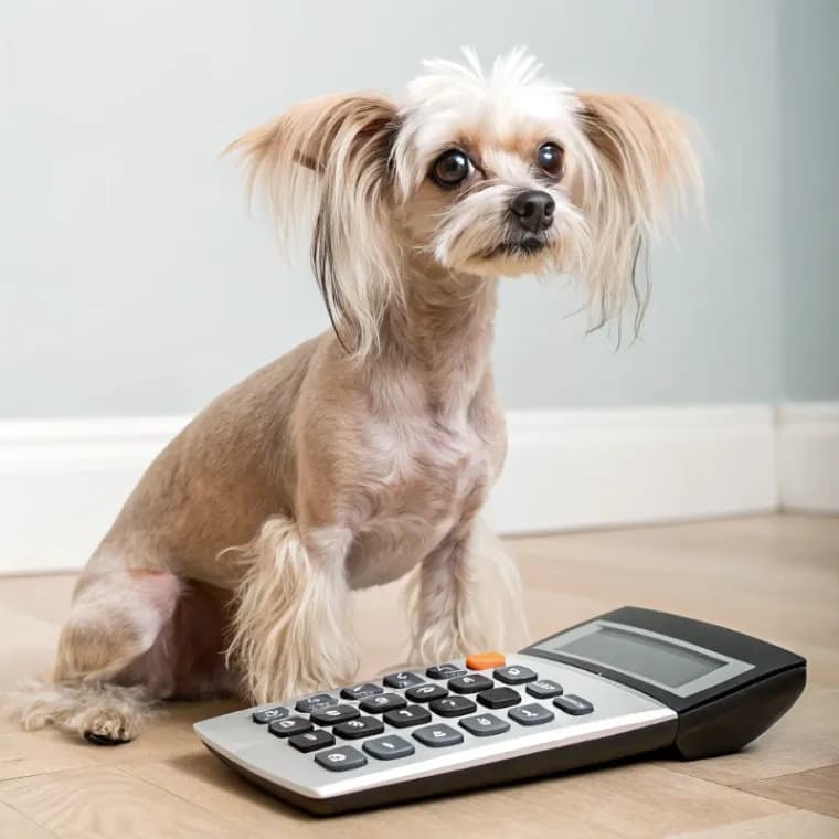 Chinese Crested sitting with a calculator