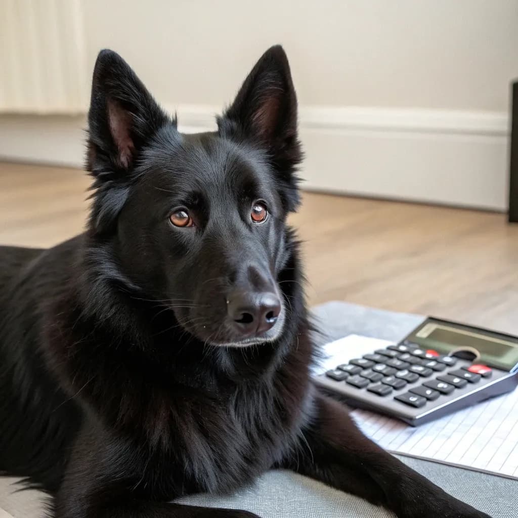 A Belgian Sheepdog sitting on the floor with a calculator