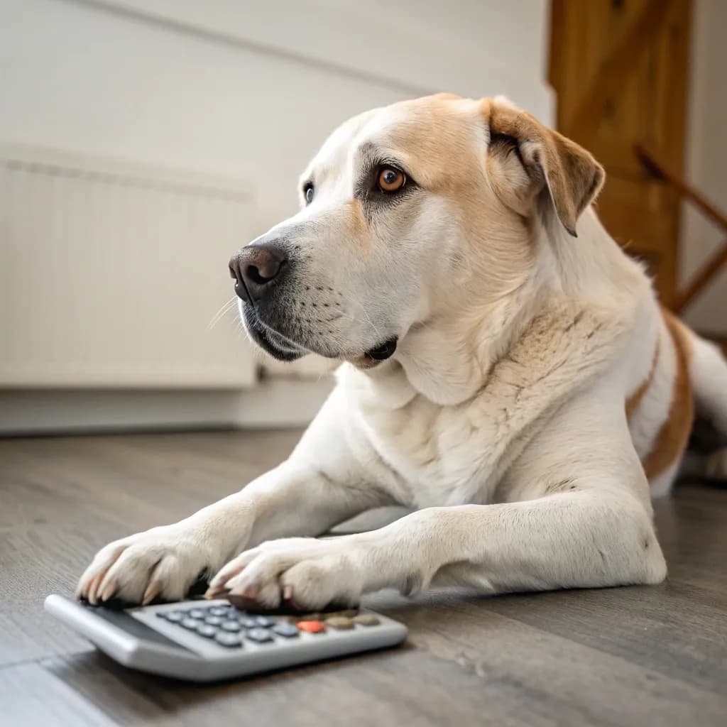 A Central Asian Shepherd Dog sitting on hardwood floor with a calculator