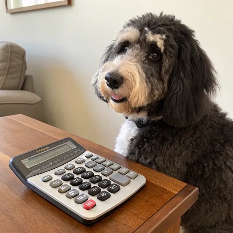 Sheepadoodle sitting with a calculator