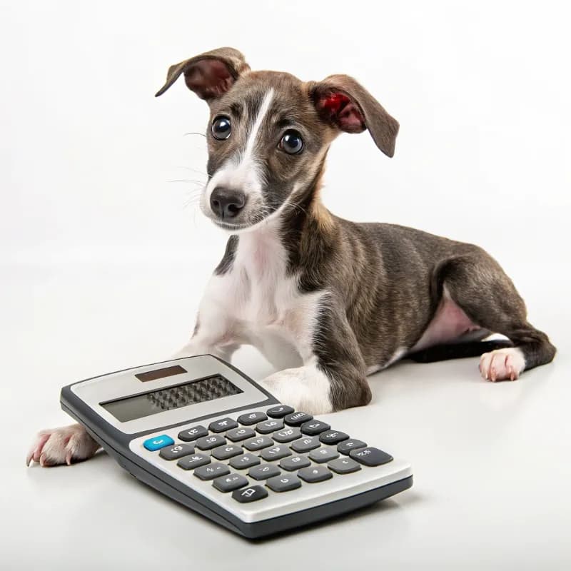Whippet sitting with a calculator
