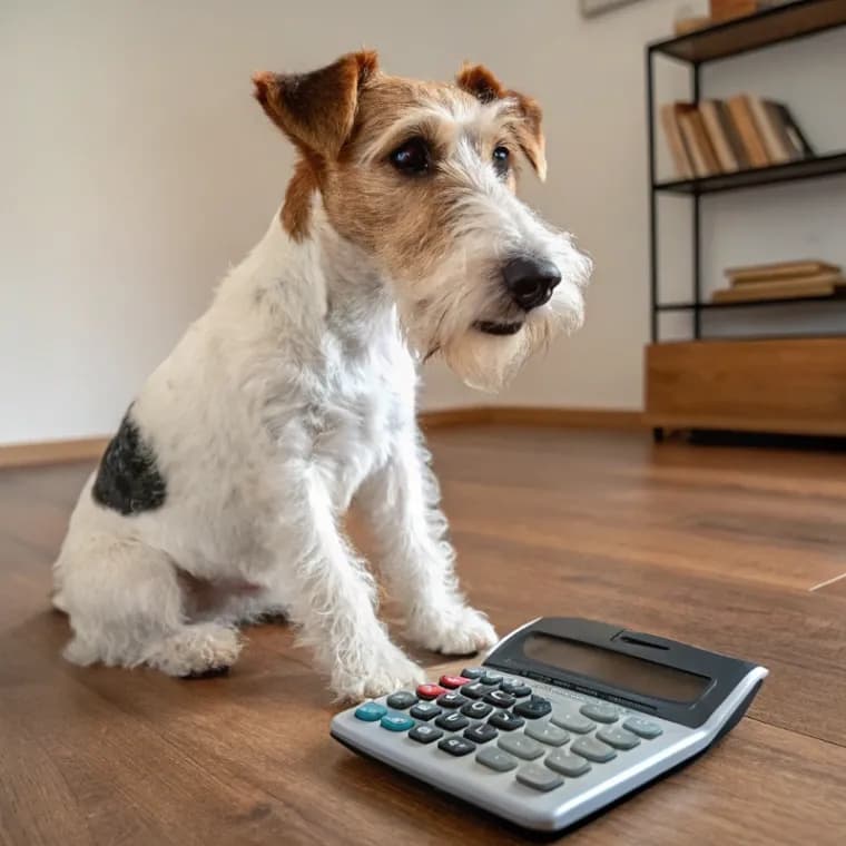 Wirehaired Fox Terrier sitting with a calculator