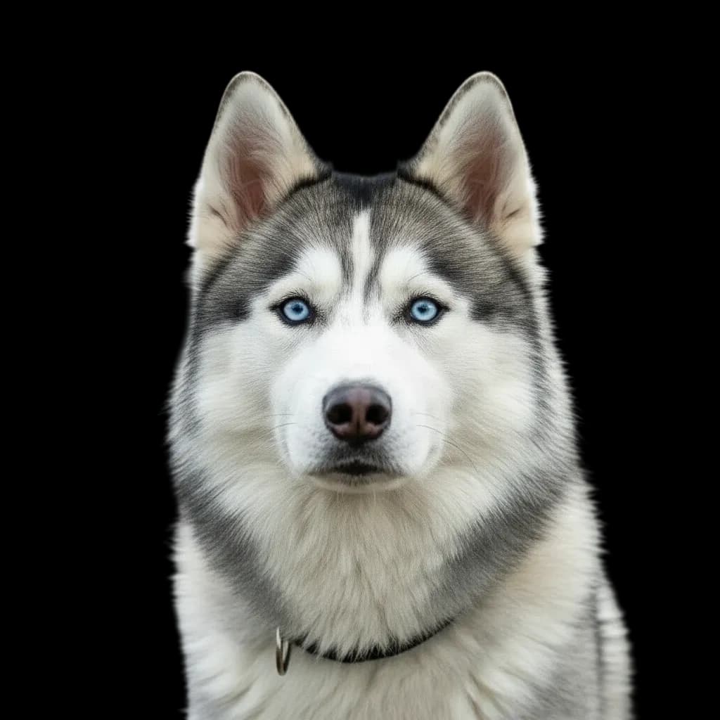 A headshot photo of a Miniature Siberian Husky