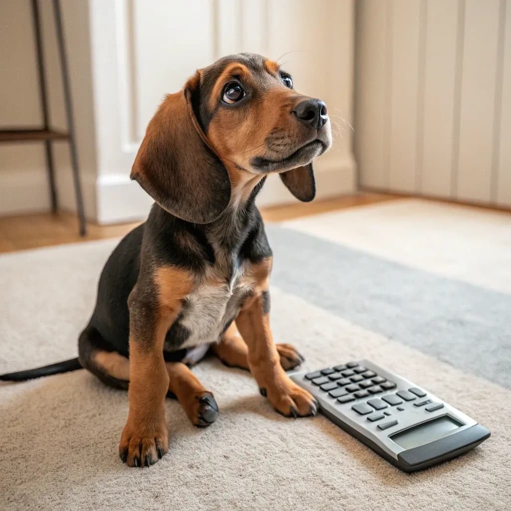 An adorable Hanoverian Scenthound sitting on the carpet with a calculator
