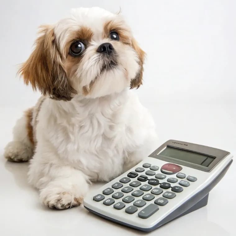 A photo of a Shih Tzu next to a white calculator
