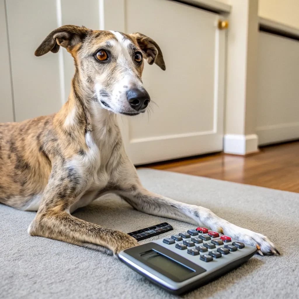 An American Staghound sitting inside on a carpet with a calculator