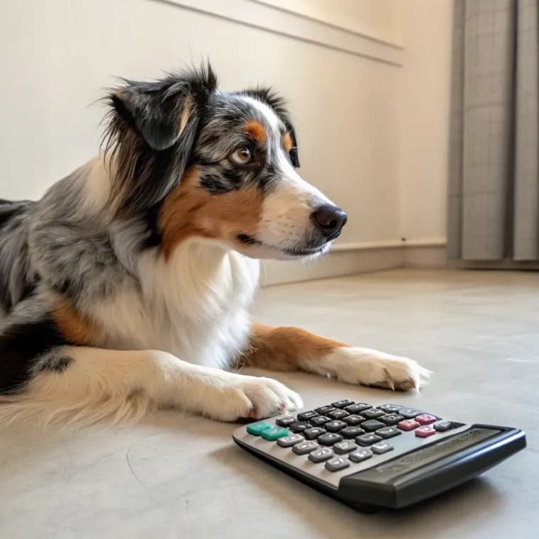 Australian Shepherd Husky sitting with a calculator