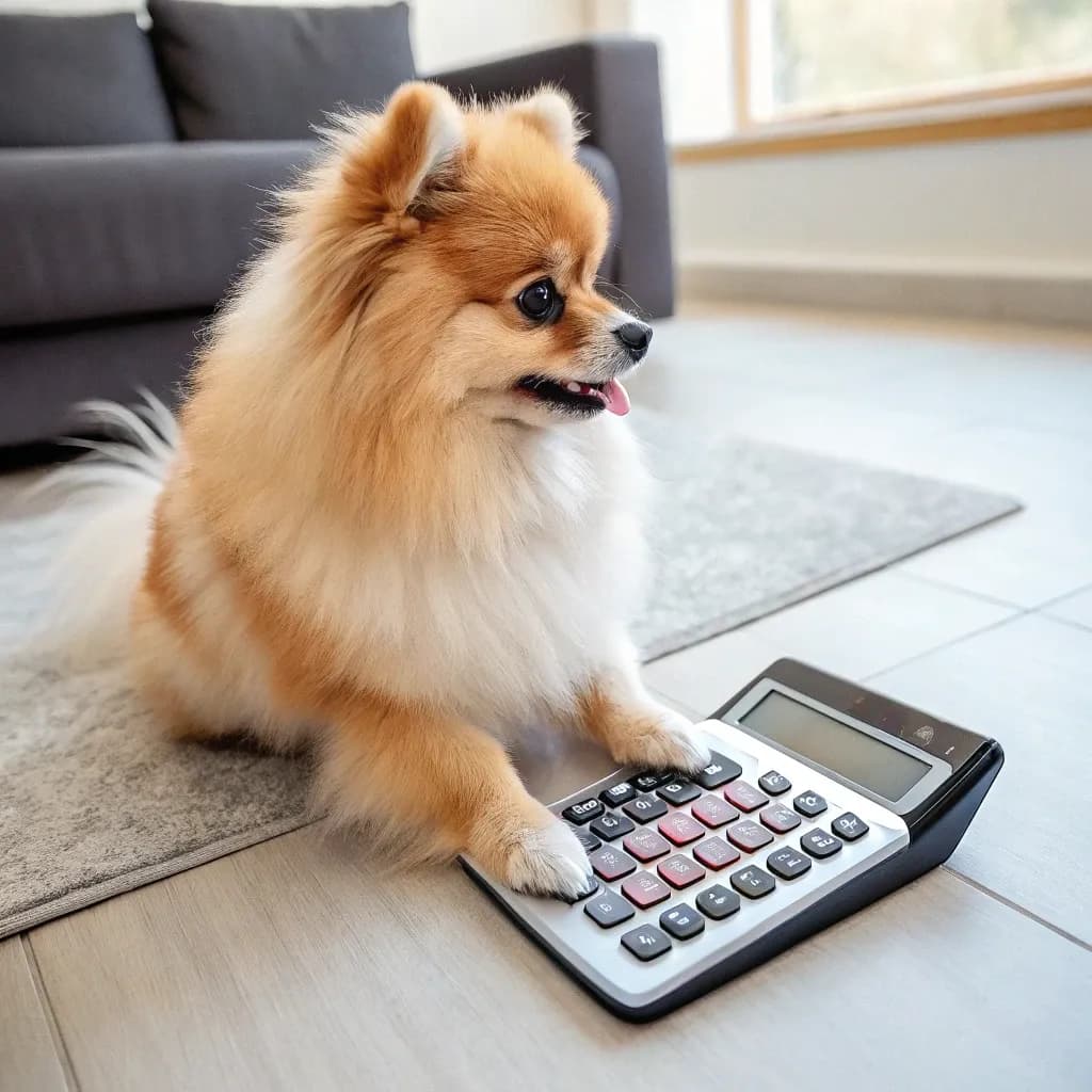 A Pomachon dog sitting inside on a carpet with a calculator