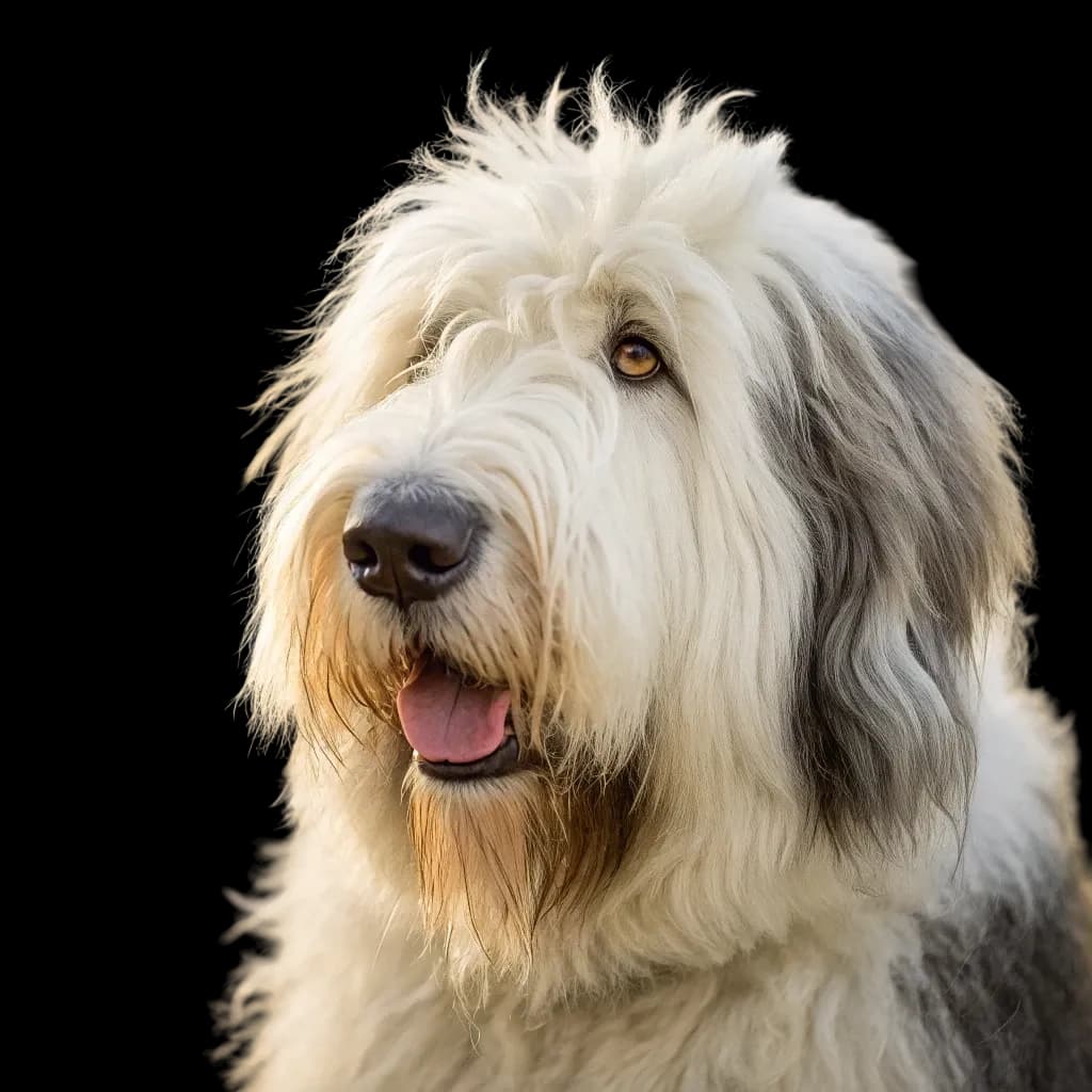 A headshot of an Old English Sheepdog
