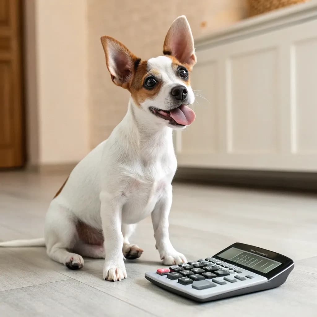 Tenterfield Terrier sitting with a calculator