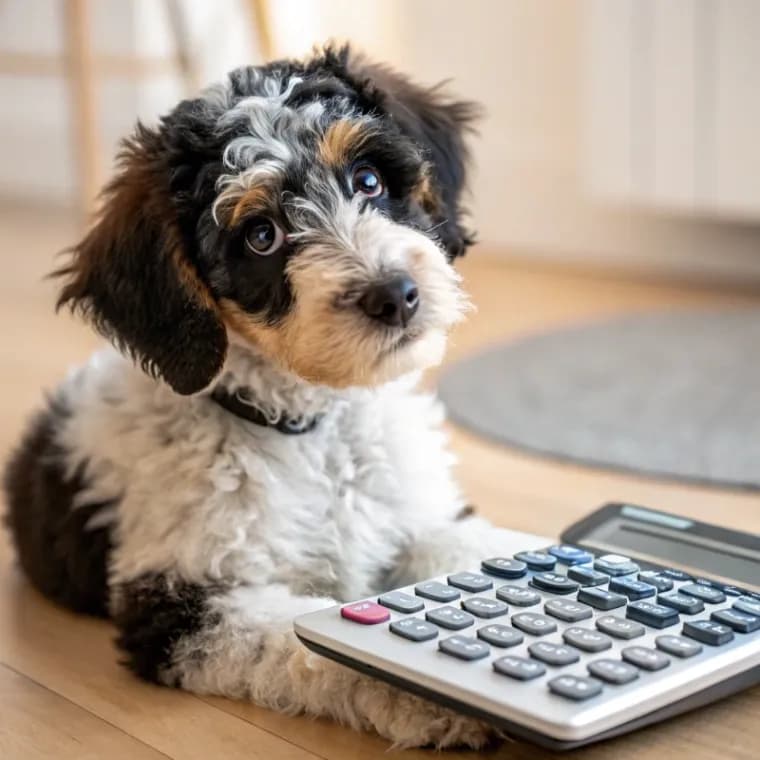 Bordoodle sitting with a calculator