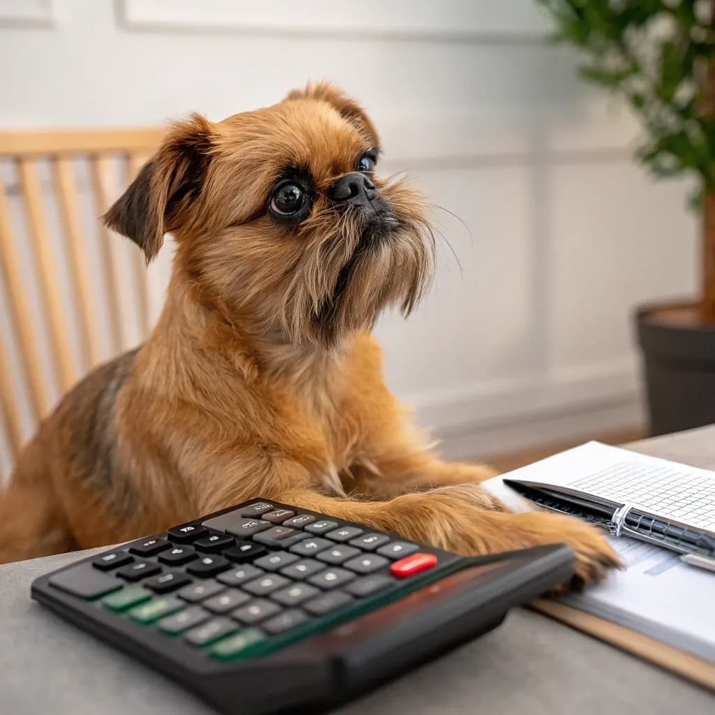 A photo of a Brussels Griffon sitting at a table with a calculator, notebook and pen