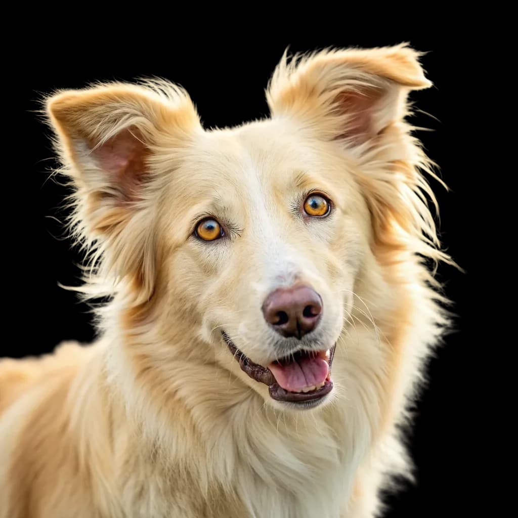 A headshot photo of a blonde border collie dog looking straight ahead