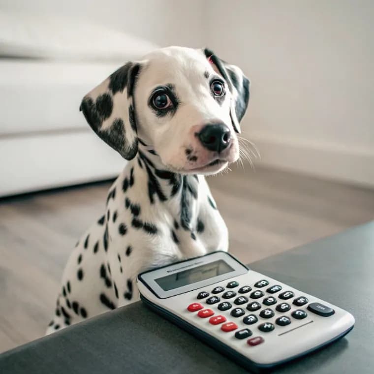Dalmatian sitting with a calculator