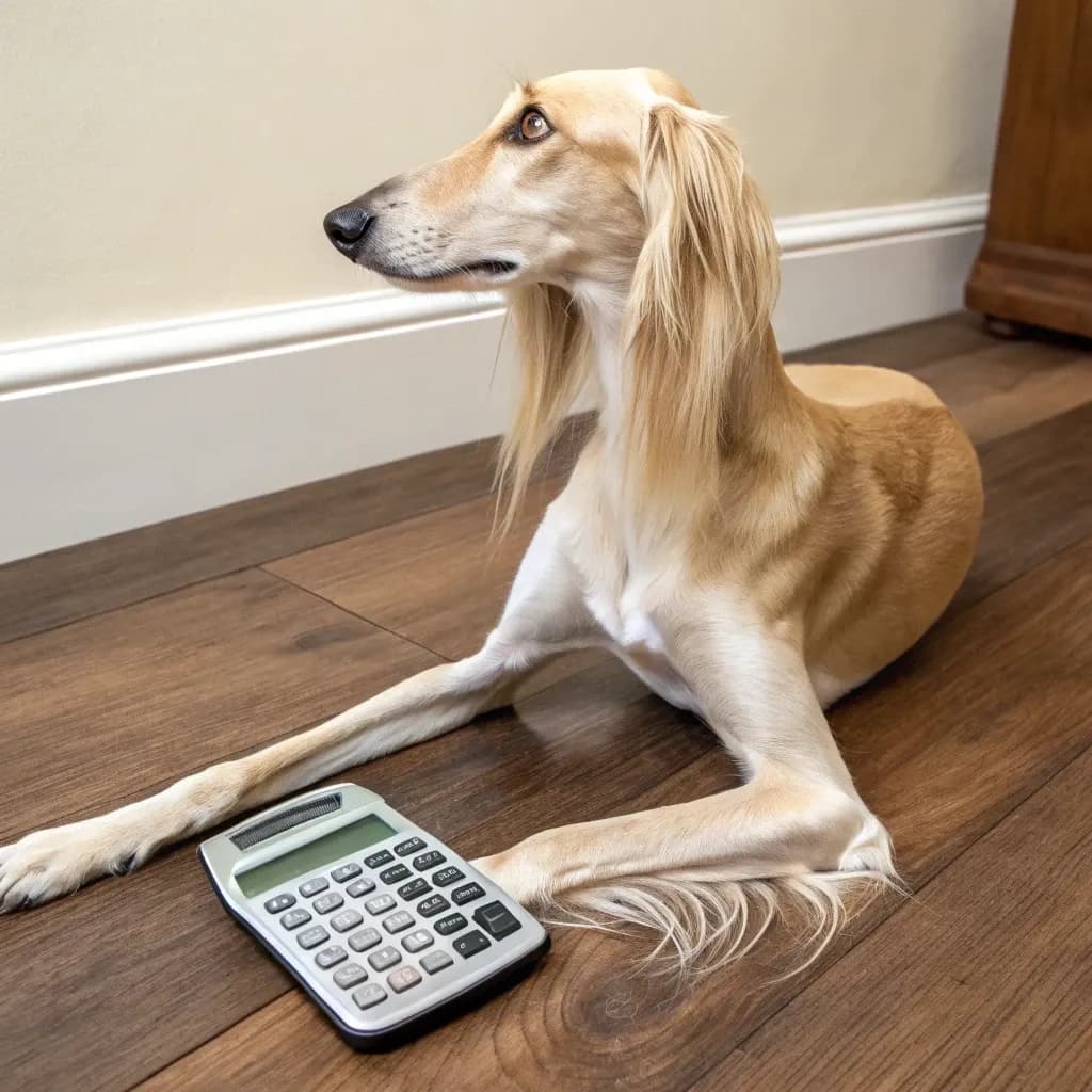 A Saluki dog sitting on the hardwood floor inside with a calculator