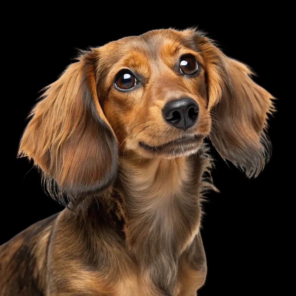 A headshot photo of a Dashalier mixed dog of a dachshund and cavalier king charles spaniel