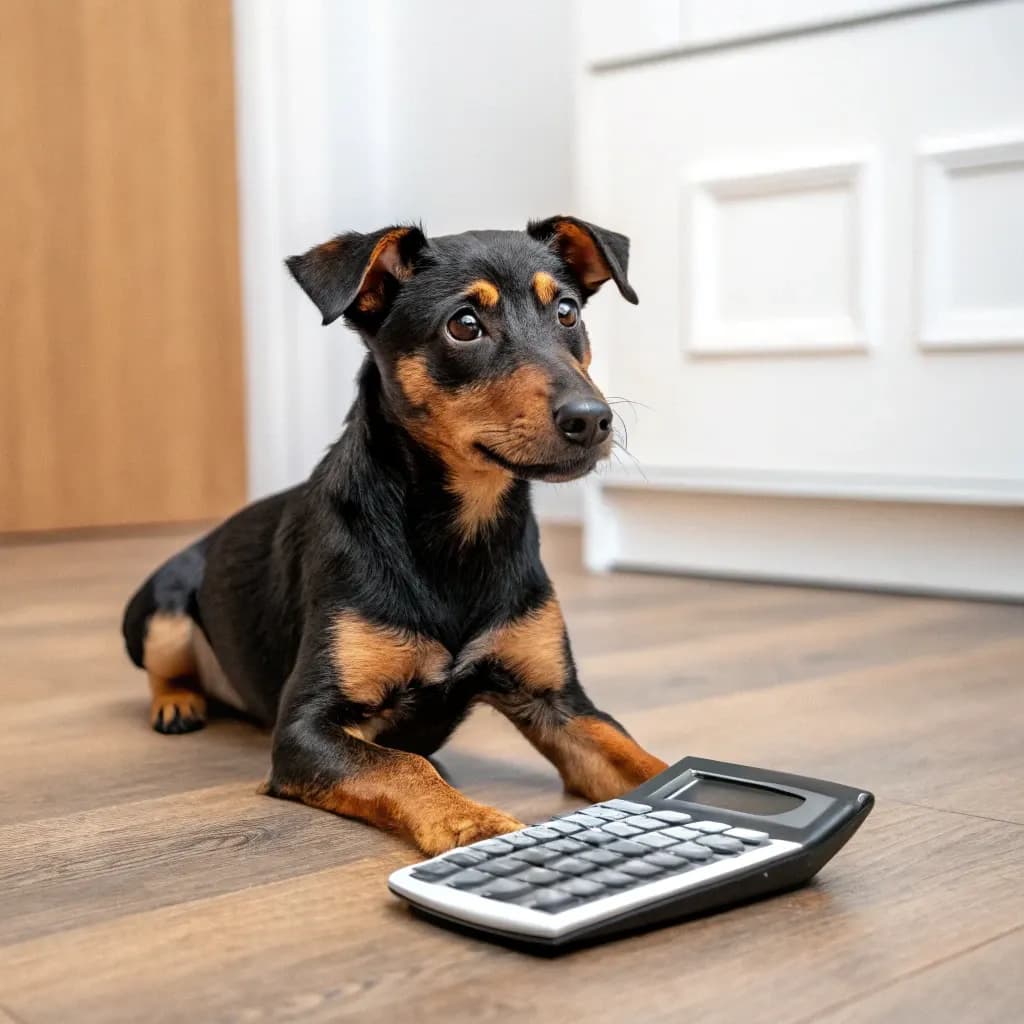 Jagdterrier sitting with a calculator