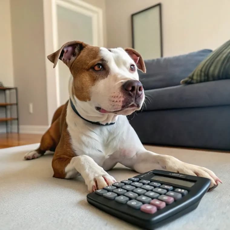 American Pit Bull Terrier sitting with a calculator