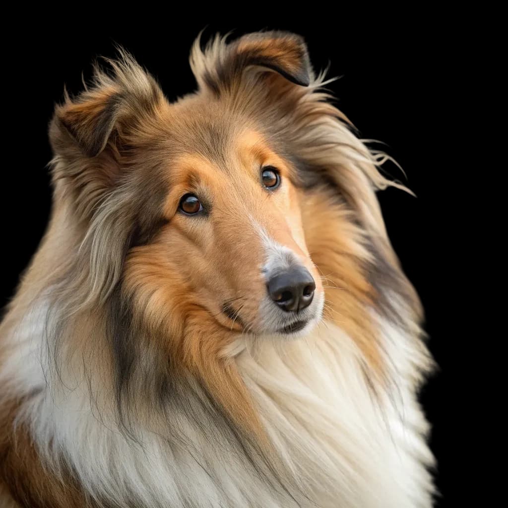 A headshot photo of a Scotch Collie