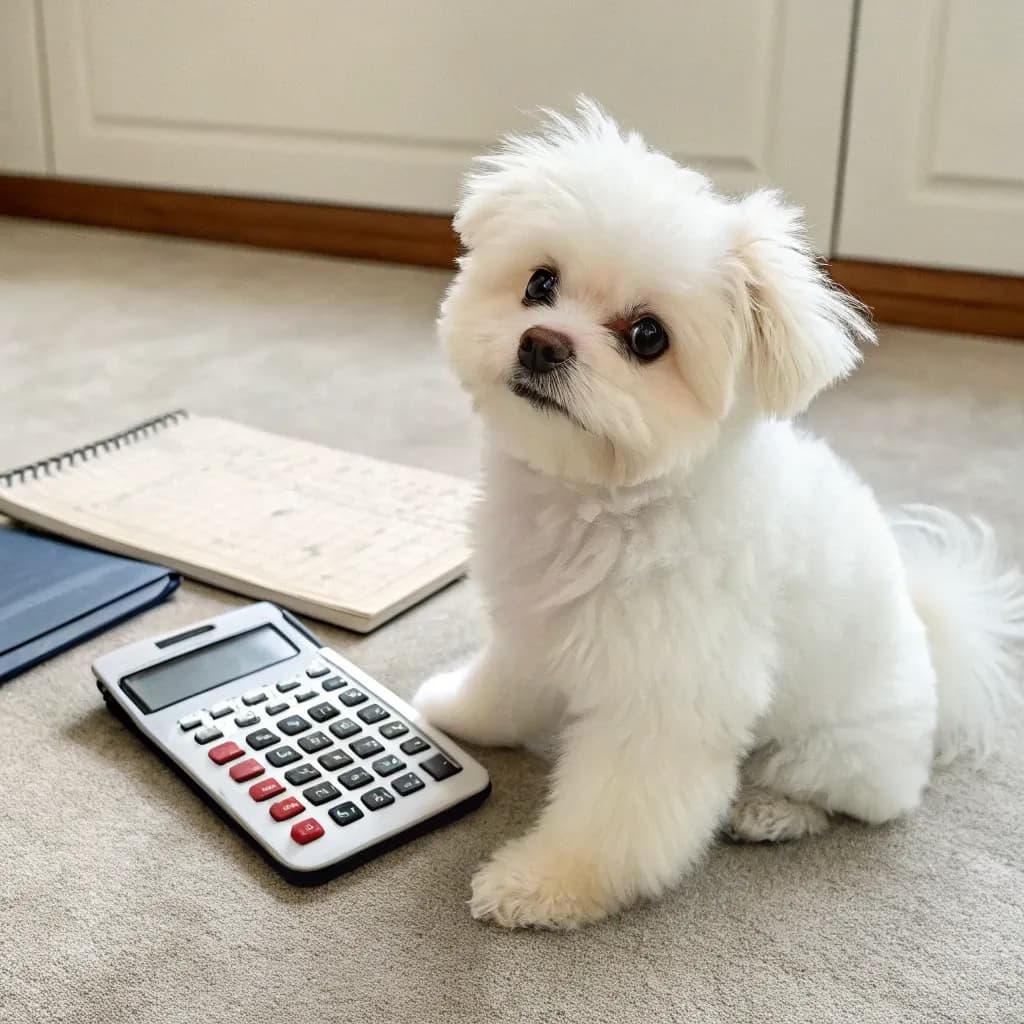 A white fluffy maltipom dog sitting inside with a calculator and notebook