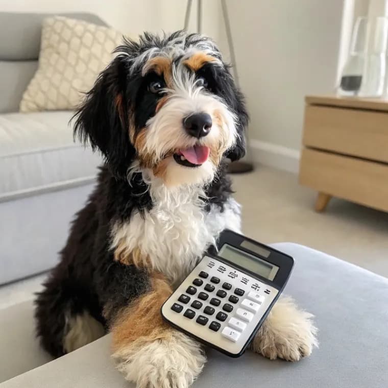 Bernedoodle sitting with a calculator