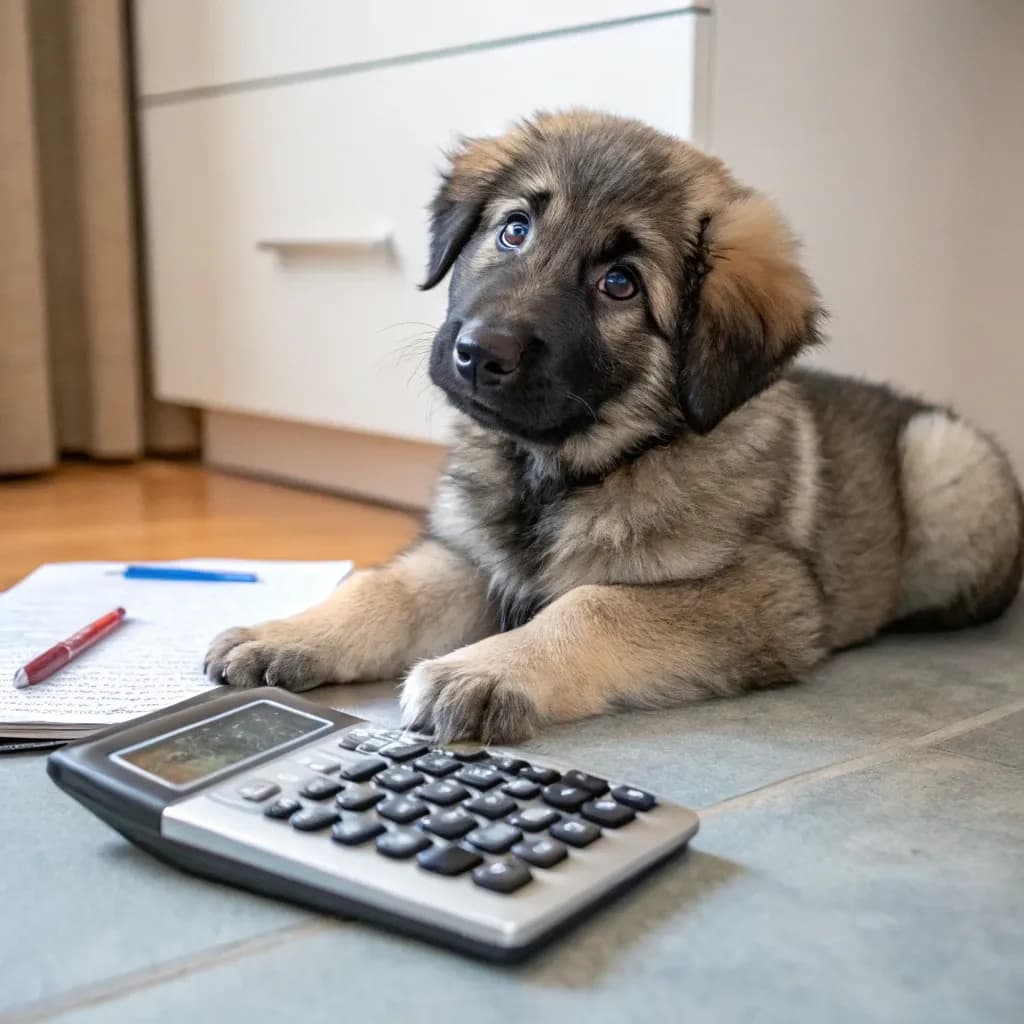 A Sharr Dog (Sarplaninac) on the floor inside with a calculator