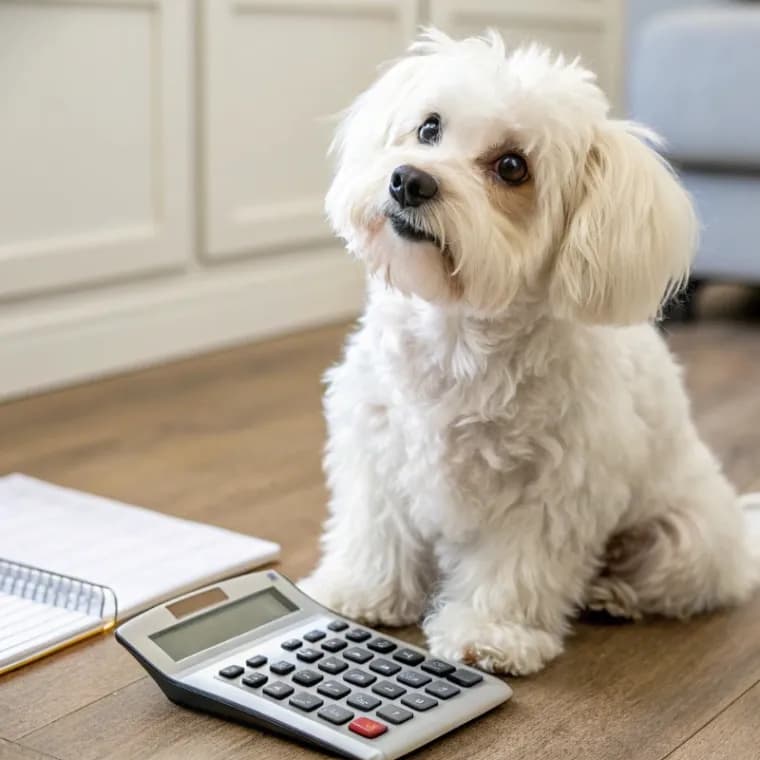 A Bolognese dog sitting on a hardware floor sitting with a notebook and calculator