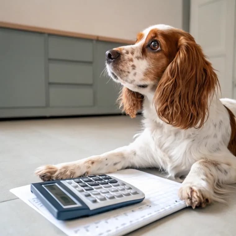 Russian Spaniel sitting with a calculator