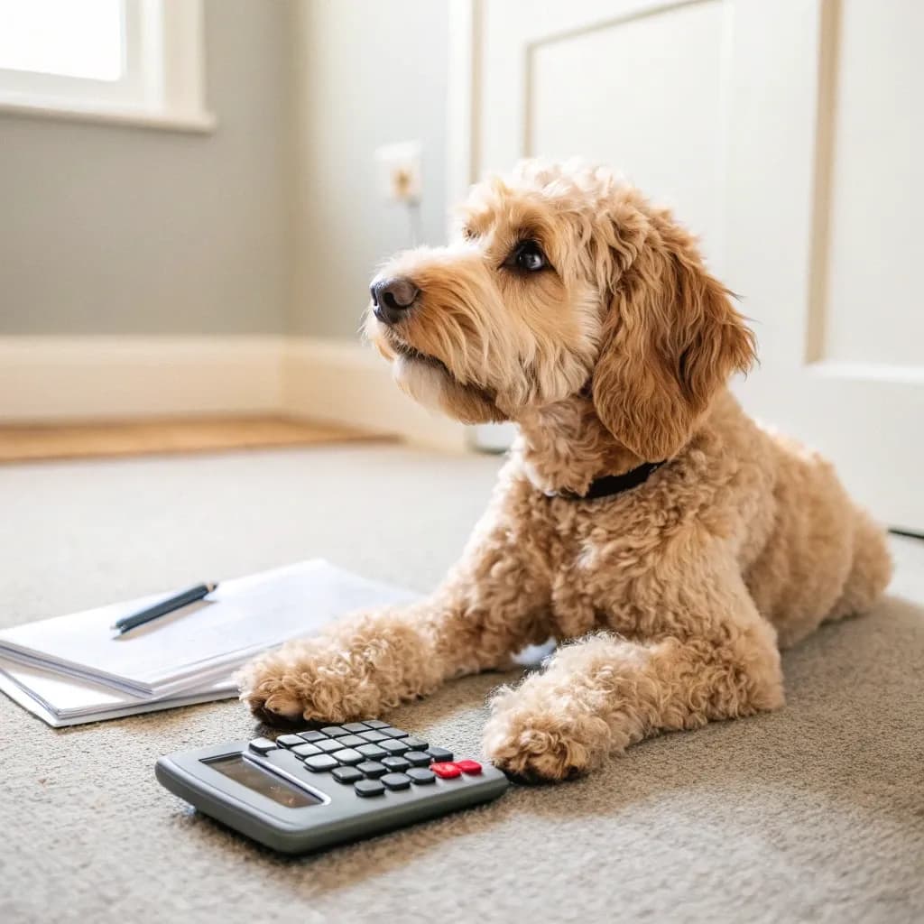 A labradoodle dog sitting on the carpet with a calculator and notebook