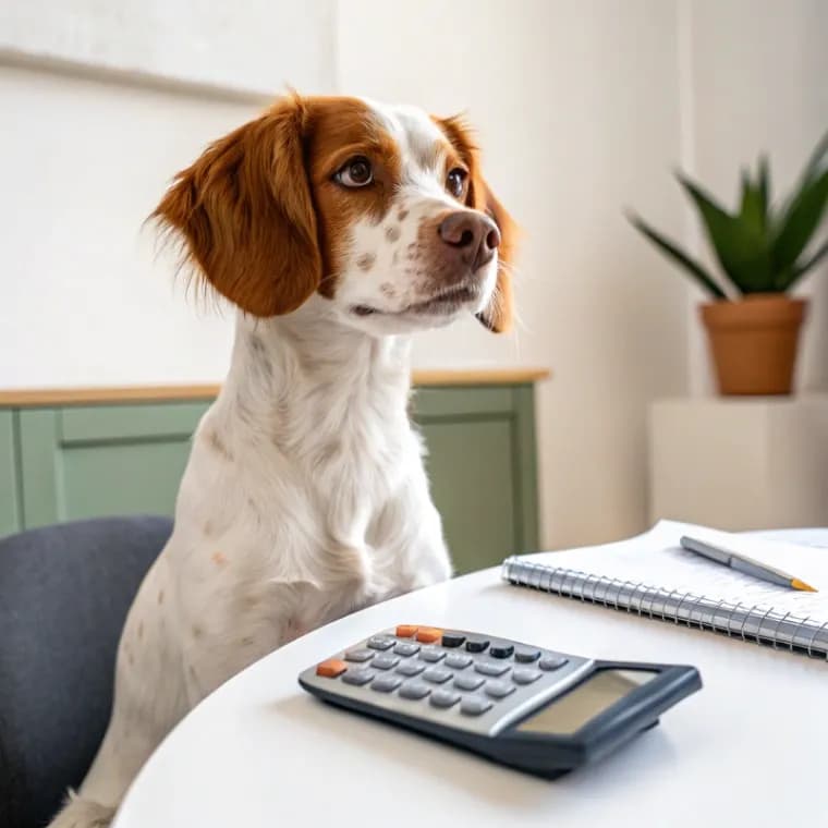 Brittany Spaniel sitting with a calculator