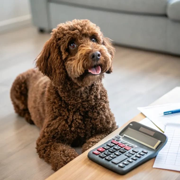 Barbet sitting with a calculator