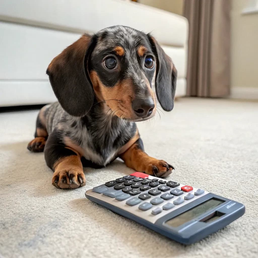 An adorable dapple dachshund inside on white carpet sitting with a calculator