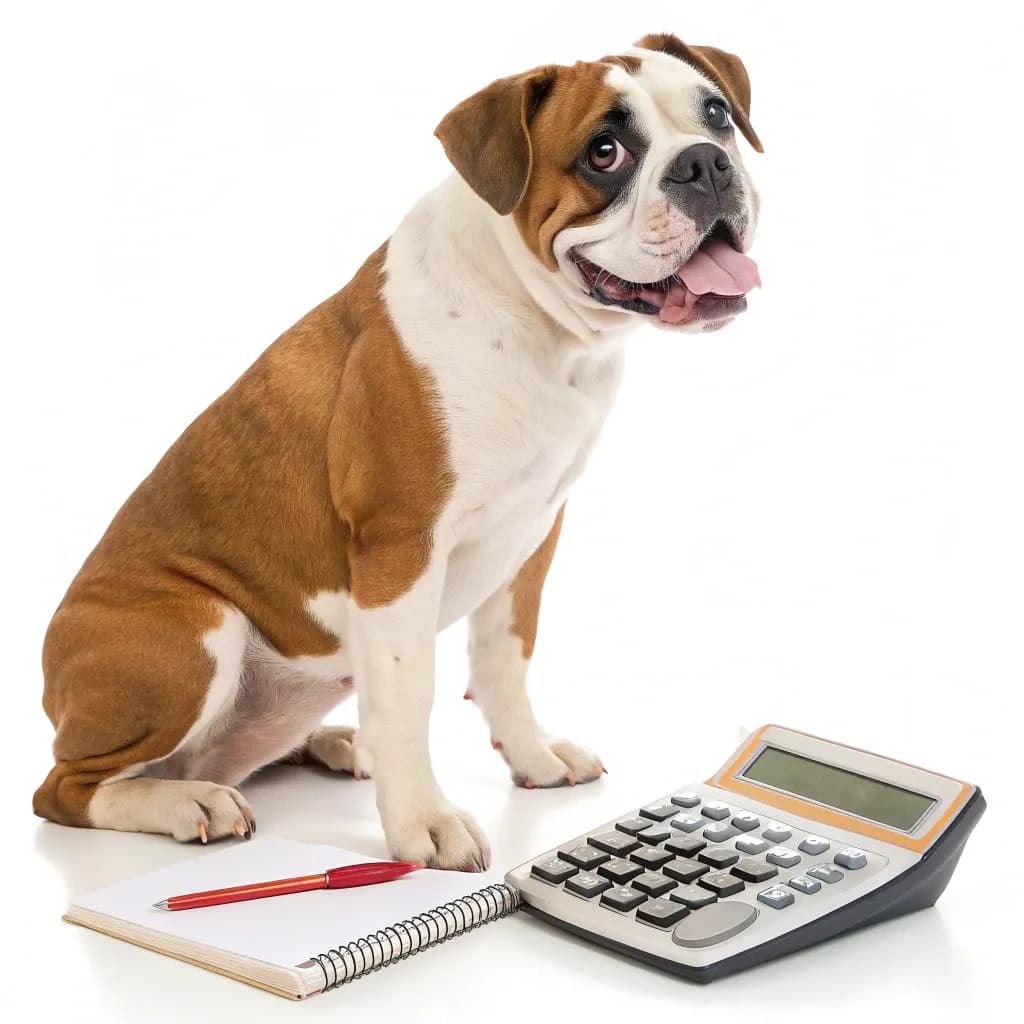 A Valley Bulldog sitting with a notebook, a red pen and a calculator