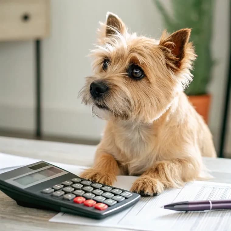 Cairn Terrier sitting with a calculator