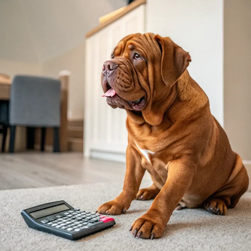 Dogue de Bordeaux sitting with a calculator