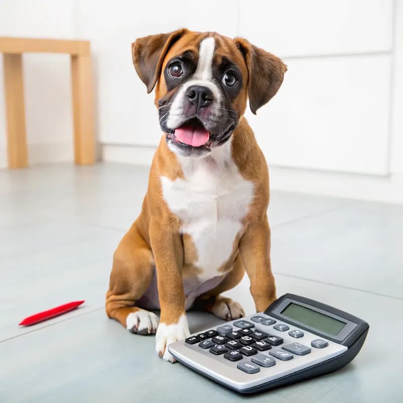 Boxer sitting with a calculator