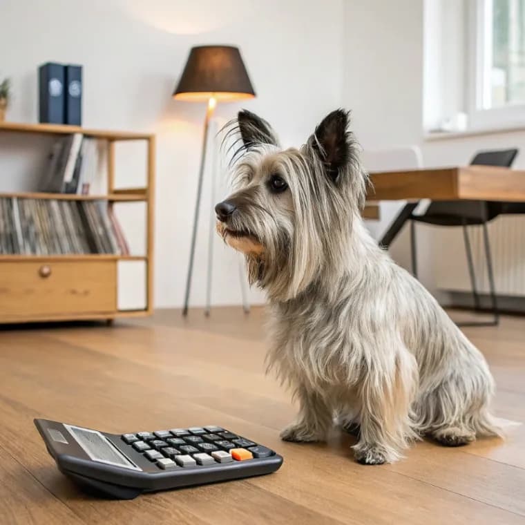 Skye Terrier sitting with a calculator