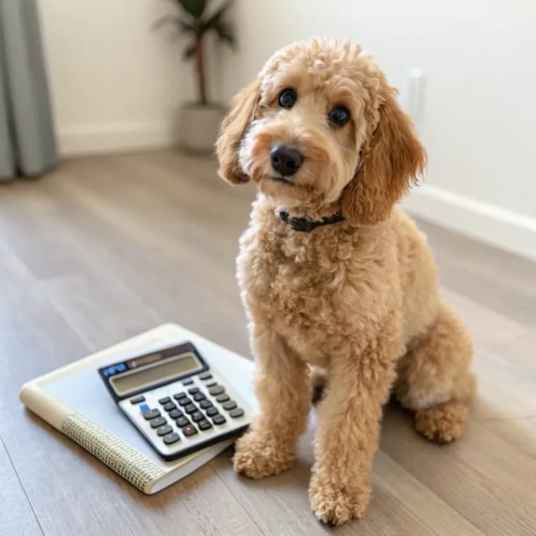 Goldendoodle sitting with a calculator