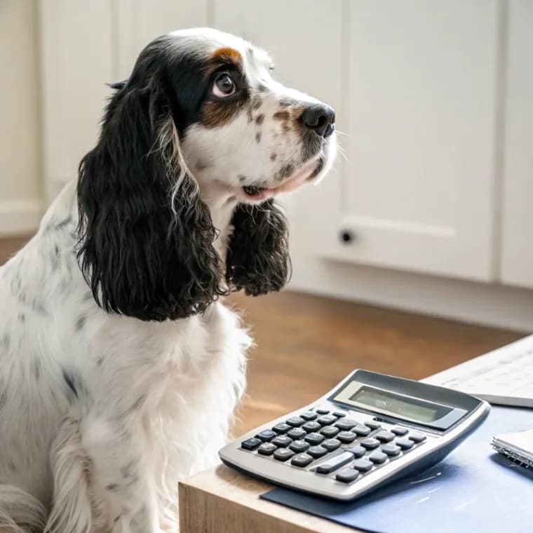 English Cocker Spaniel sitting with a calculator