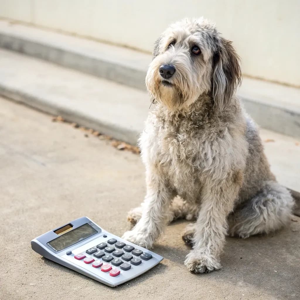 A Portugese Sheepdog sitting on the sidewalk with a calculator