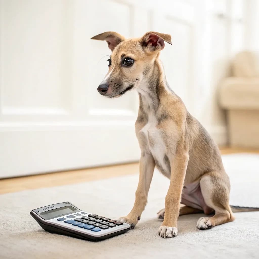 Lurcher sitting with a calculator