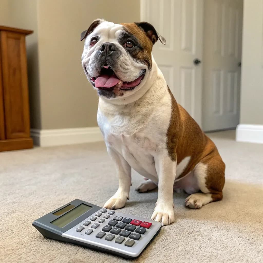 An Olde English Bulldogge sitting inside on the carpet with a calculator