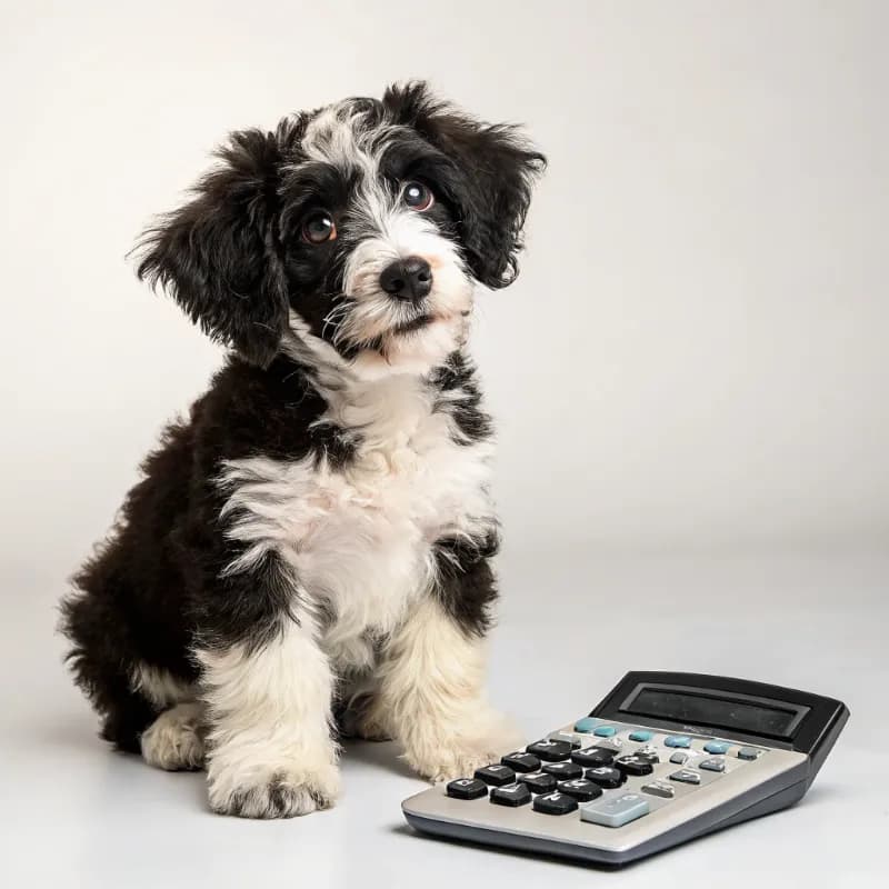 Portuguese Water Dog sitting with a calculator