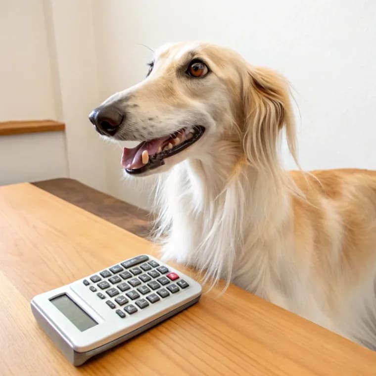 Silken Windhound sitting with a calculator