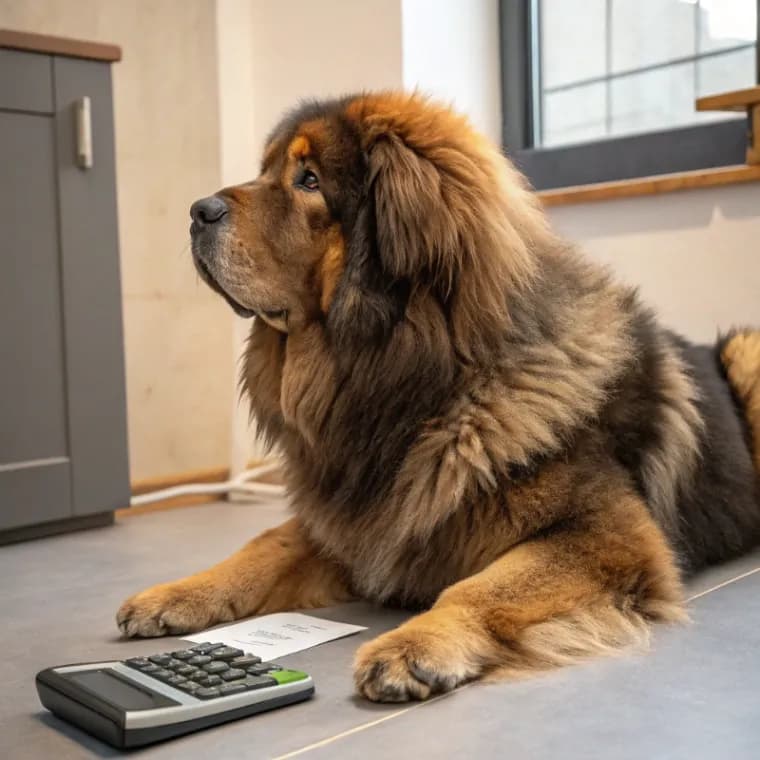 Tibetan Mastiff sitting with a calculator