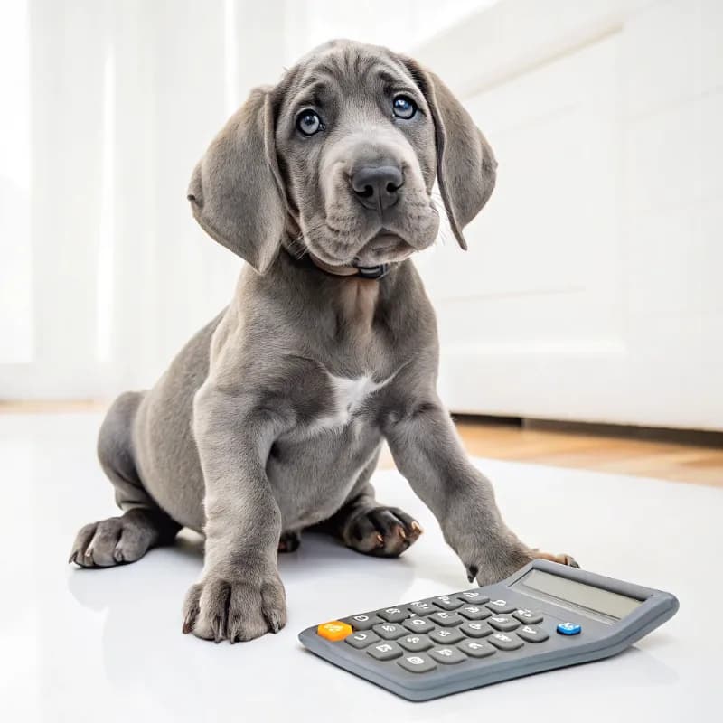 Great Dane sitting with a calculator
