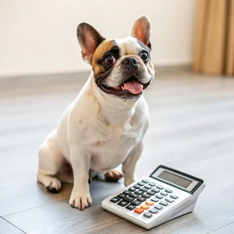 French Bulldog sitting with a calculator