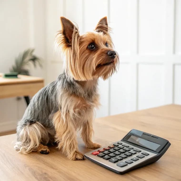 Silky Terrier sitting with a calculator